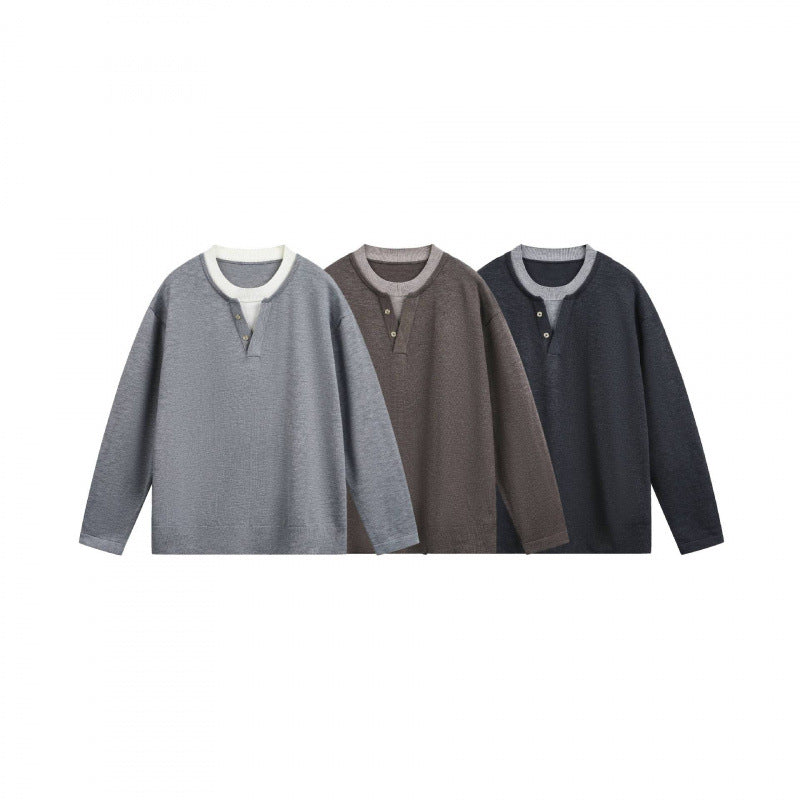 Herren Leichter Feinstrick-Henley-Pullover mit Kontrastkragen und Relaxed-Schnitt Nord Taschen