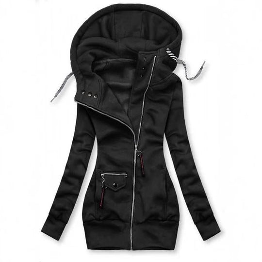 Damen Lange Kapuzenjacke mit asymmetrischem Reißverschluss und Zip‑Tasche Nord Taschen