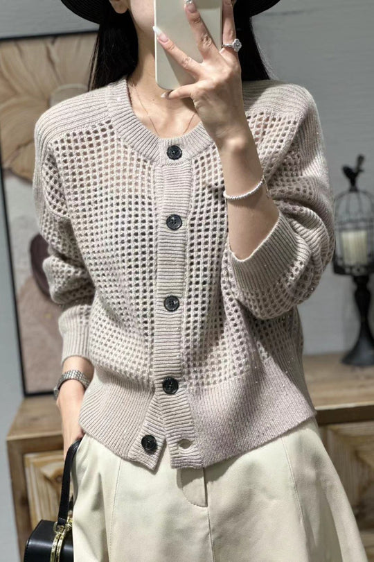 Damen Lockerer Mesh‑Cardigan mit Gitter‑Ajour, Rundhalsausschnitt und Knopfleiste Nord Taschen