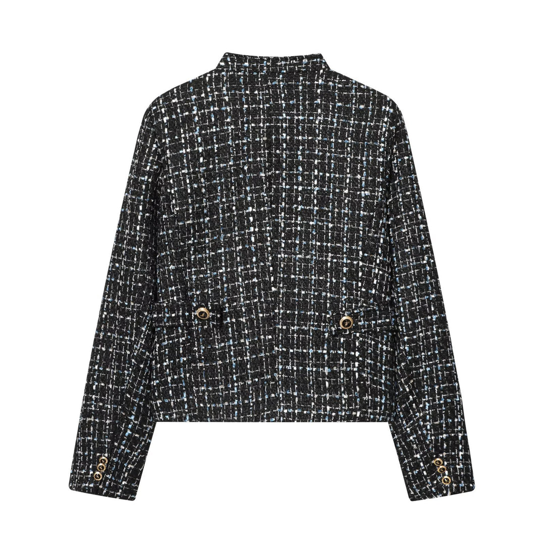 Damen Bouclé‑Tweed‑Cropped‑Jacke mit Stehkragen und goldfarbenen Schmuckknöpfen Nord Taschen