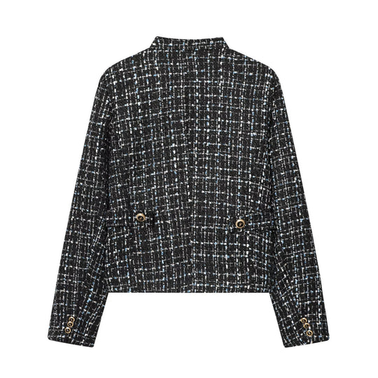 Damen Bouclé‑Tweed‑Cropped‑Jacke mit Stehkragen und goldfarbenen Schmuckknöpfen Nord Taschen
