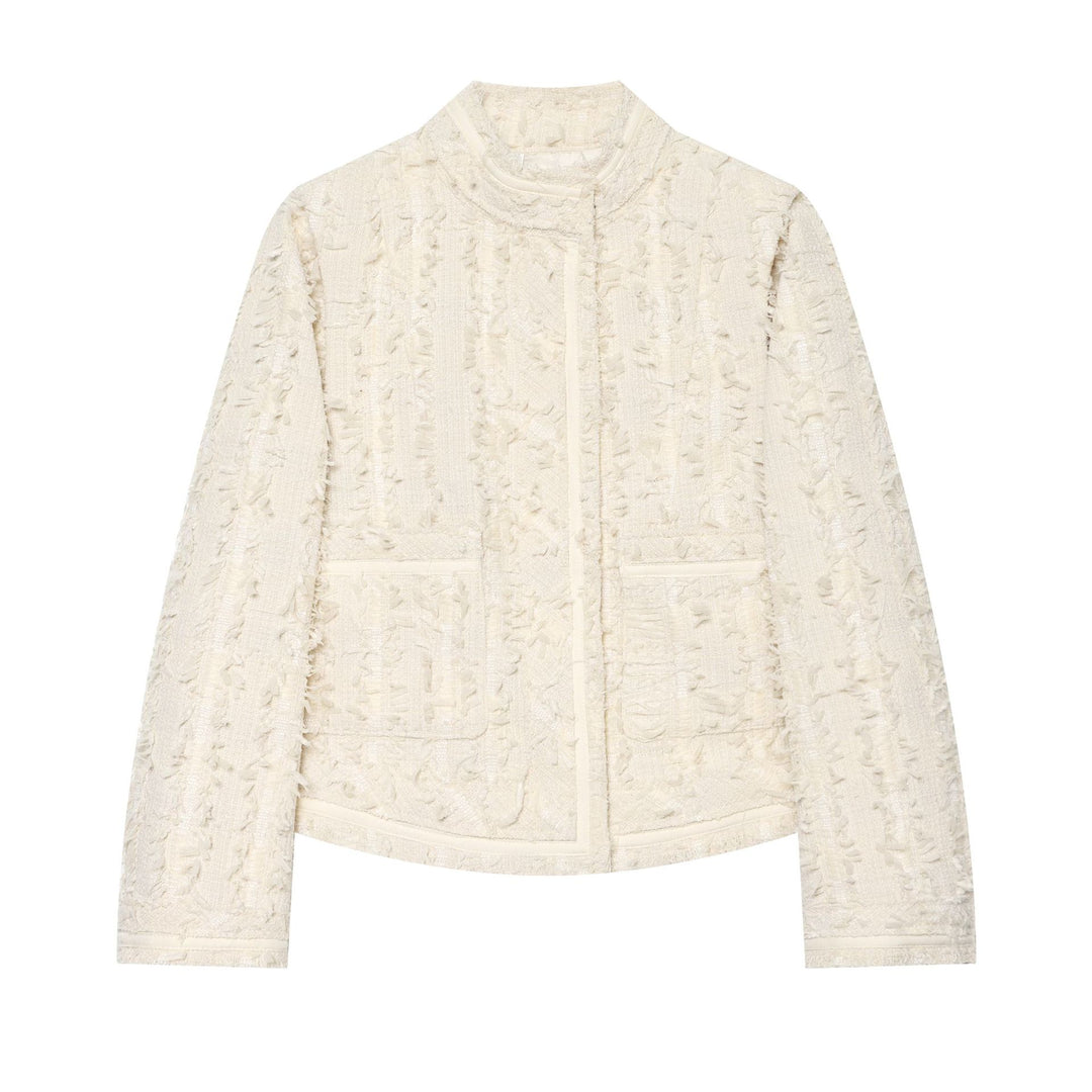 Damen Kurzjacke aus Bouclé-Tweed mit Fransendetails und Stehkragen Nord Taschen