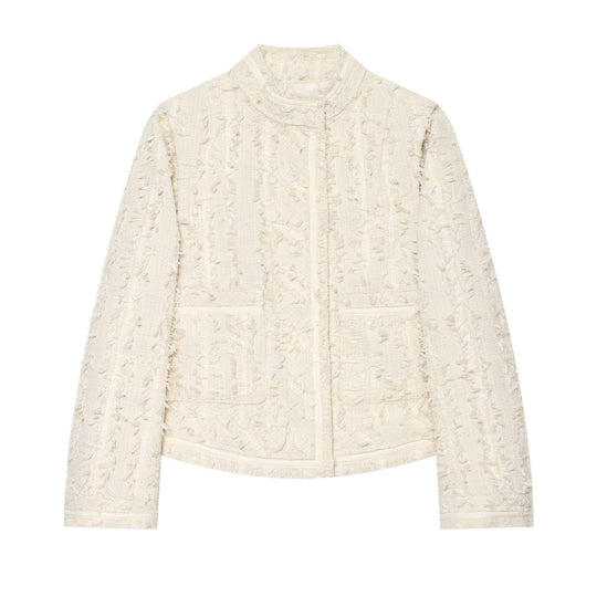 Damen Kurzjacke aus Bouclé-Tweed mit Fransendetails und Stehkragen Nord Taschen