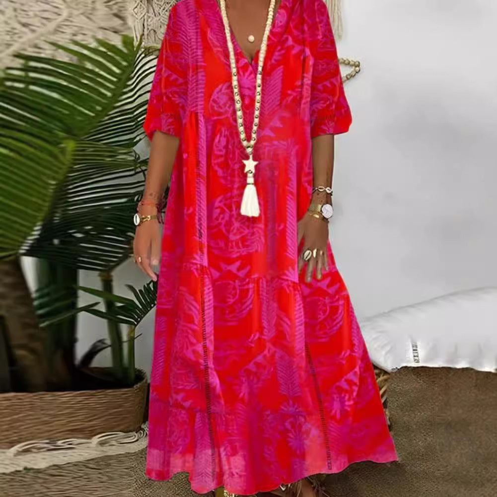 Damen nan Boho-Langkleid mit tiefem V-Ausschnitt, Stufenschnitt und legerer Oversize-Passform