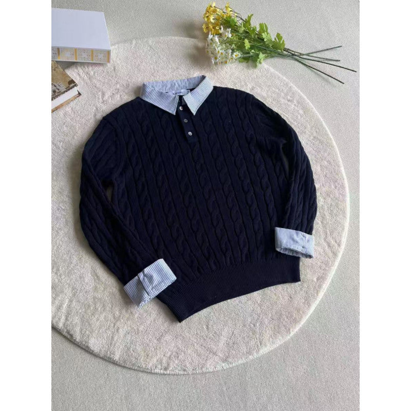 Damen gestrickter Polo-Pullover mit Zopfmuster und eingesetztem Hemdkragen Nord Taschen