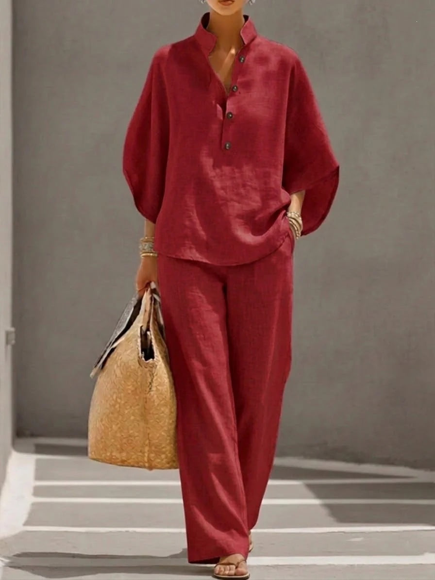 Damen Leichtes Leinen-Loungewear-Set mit Stehkragen Knopfleiste und weitem Marlene-Schnitt Nord Taschen