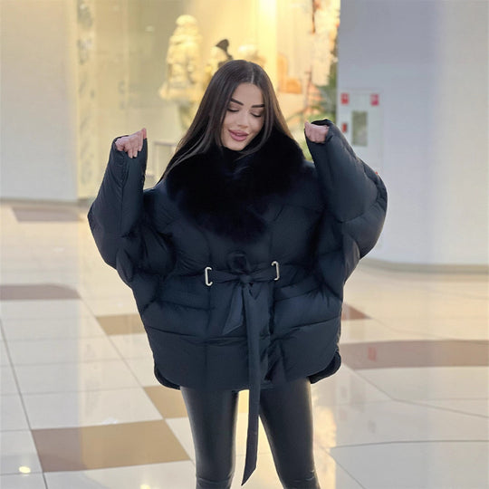 Damen Oversize Steppjacke mit Taillengürtel und Kunstfellkragen Nord Taschen