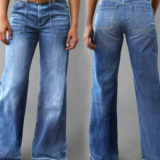 Damen Hochtaillierte Denim-Jeans mit weitem Schlagbein und aufgesetzten Vordertaschen Nord Taschen