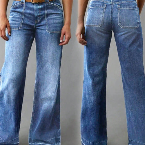 Damen Hochtaillierte Denim-Jeans mit weitem Schlagbein und aufgesetzten Vordertaschen Nord Taschen