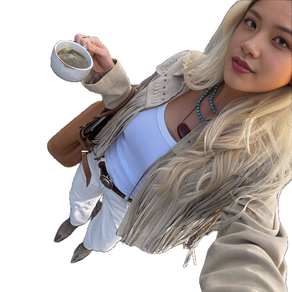 Damen Kurzfransen-Suedejacke im Westernstil mit Ziernähten und Nieten Nord Taschen