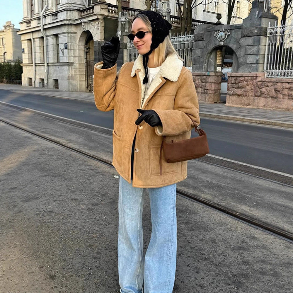 Damen Boxy Lammfell-Optik Mantel mit umgeschlagenem Teddykragen Nord Taschen