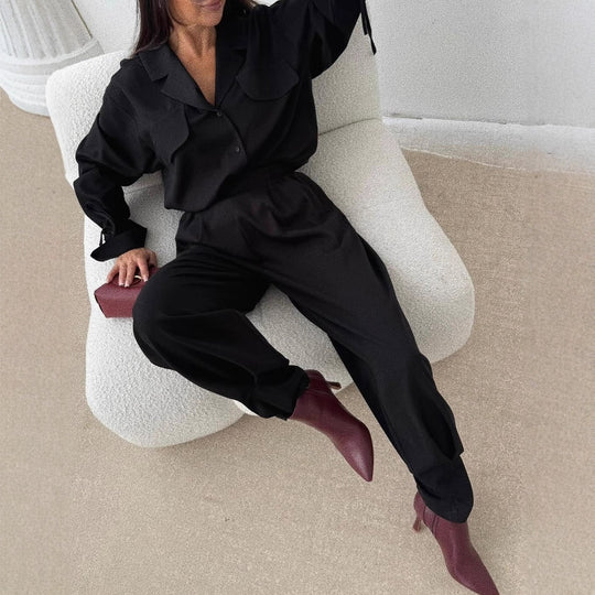 Damen Zweiteiliges Loungewear-Set mit Oversized-Bluse, Pattentaschen, Kordelmanschetten und hochtaillierter Jogpant Nord Taschen