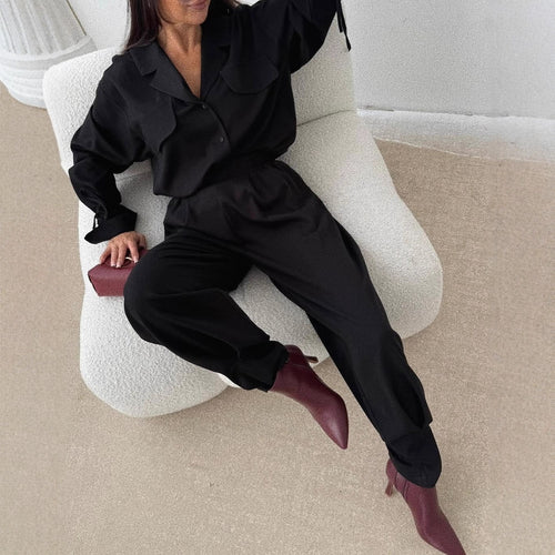 Damen Zweiteiliges Loungewear-Set mit Oversized-Bluse, Pattentaschen, Kordelmanschetten und hochtaillierter Jogpant Nord Taschen