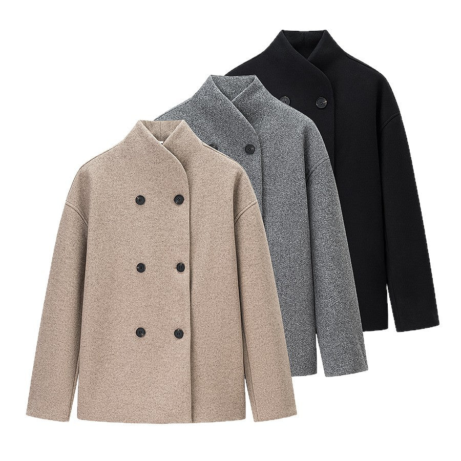 Damen Boxy-Doppelreiher Wollmix-Mantel mit hohem Wickelkragen Nord Taschen