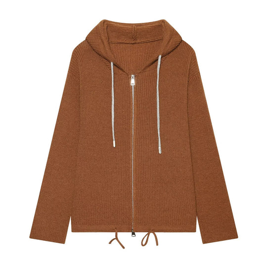 Damen Strickkapuzenjacke mit durchgehendem Reißverschluss, Rippenstruktur und Tunnelzug Nord Taschen