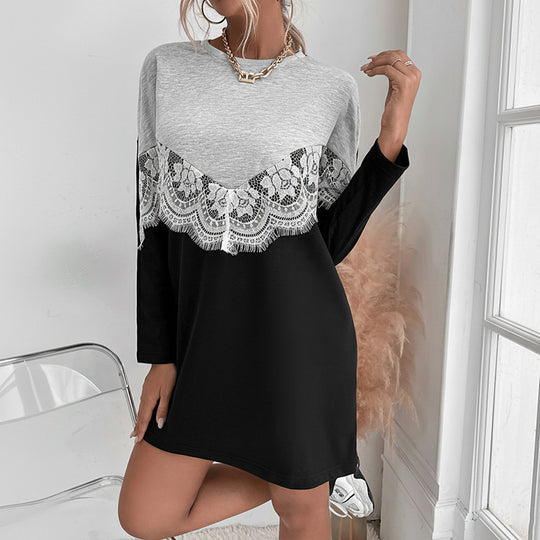 Damen Sweatkleid im Colorblock‑Stil mit Spitzen‑V‑Passe und gerundetem Saum Nord Taschen