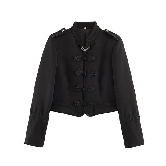 Damen Kurzblouson im Militärstil mit Mandarinkragen, Zierknoten und Epauletten Nord Taschen