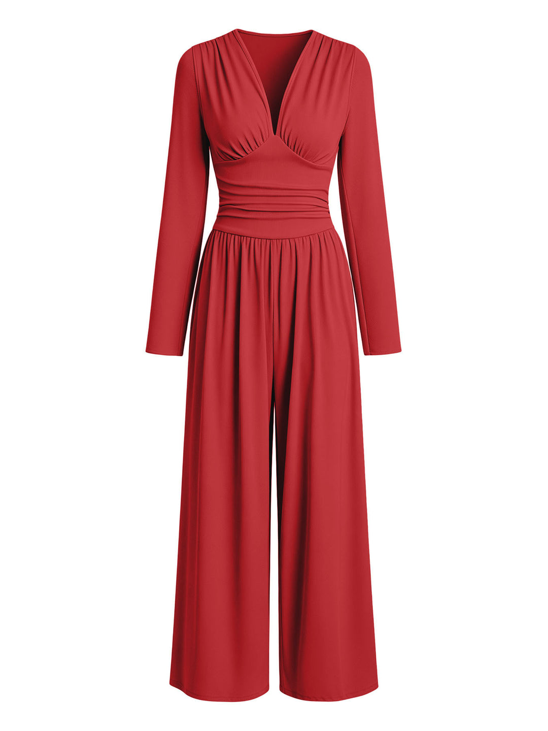 Damen Eleganter V‑Ausschnitt Jumpsuit mit tailliertem Wickelbund und weitem Hosenbein Nord Taschen