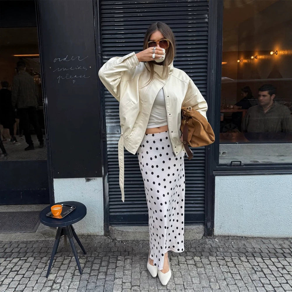 Damen Oversize-Lederimitatjacke mit Stehkragen und Tunnelzug Nord Taschen