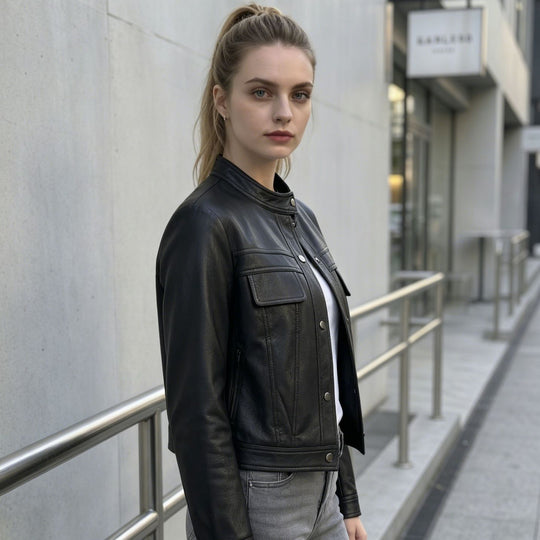 Damen Kurz geschnittene Lederjacke mit Stehkragen und Pattentaschen Nord Taschen