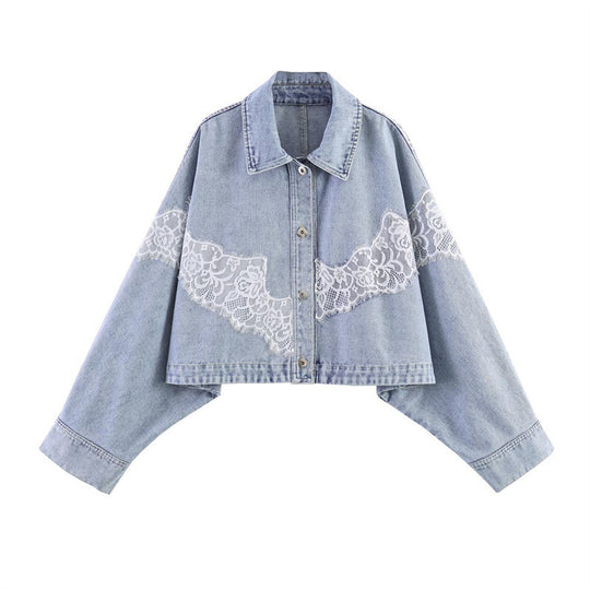 Damen verkürzte Jeansjacke mit Spitzenbesatz und überschnittener Schulter Nord Taschen