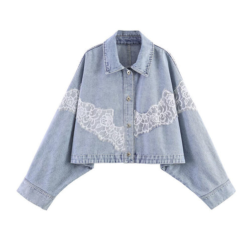 Damen verkürzte Jeansjacke mit Spitzenbesatz und überschnittener Schulter Nord Taschen
