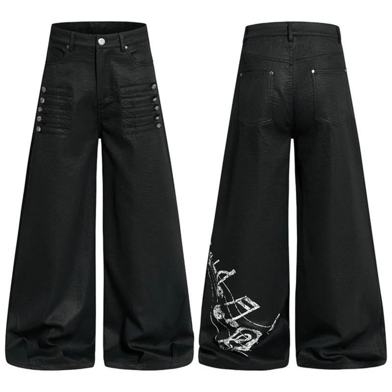 Damen Weite hochgeschnittene Palazzo-Hose mit beschichteter Lederoptik, extra weitem Bein und Statement-Print Nord Taschen
