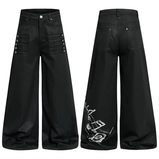 Damen Weite hochgeschnittene Palazzo-Hose mit beschichteter Lederoptik, extra weitem Bein und Statement-Print Nord Taschen