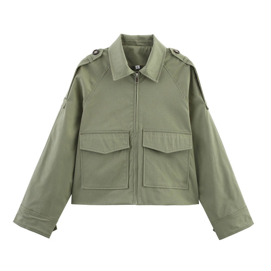 Damen Kurzjacke im Utility-Stil mit Reißverschluss, aufgesetzten Pattentaschen und Schulterklappen Nord Taschen