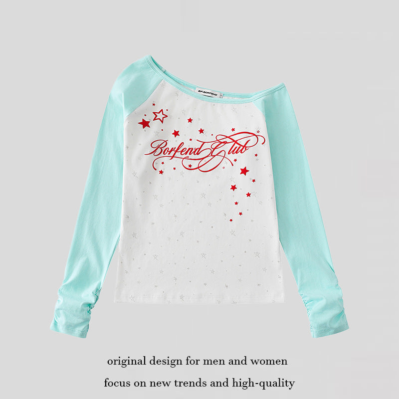 Damen Raglan-Langarmshirt mit U-Boot-Ausschnitt, Sternen-Print und gerafften Ärmeln Nord Taschen