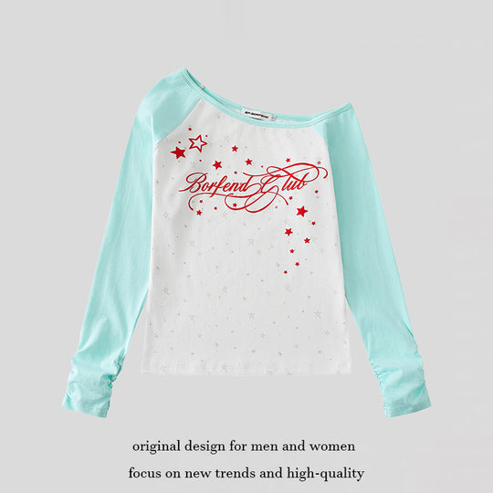 Damen Raglan-Langarmshirt mit U-Boot-Ausschnitt, Sternen-Print und gerafften Ärmeln Nord Taschen