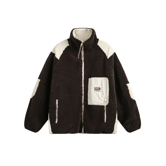 Unisex Oversize Teddy‑Fleecejacke mit Kontrast-Nylonbesätzen und Stehkragen Nord Taschen