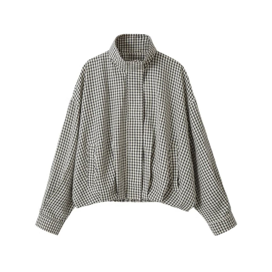 Damen Oversize Kurzblouson im Karo-Design mit hohem Stehkragen und Tunnelzugsaum Nord Taschen