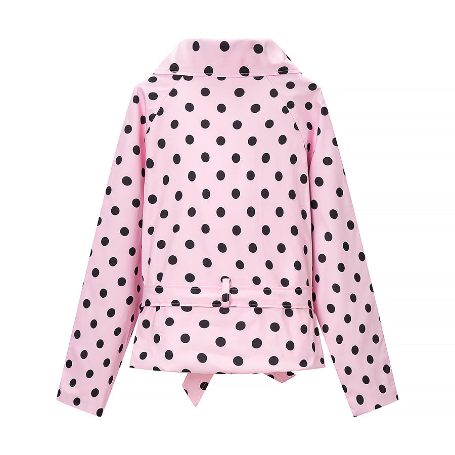 Damen Kurztrenchjacke im Polka‑Dot‑Muster, doppelreihig mit Taillengürtel Nord Taschen