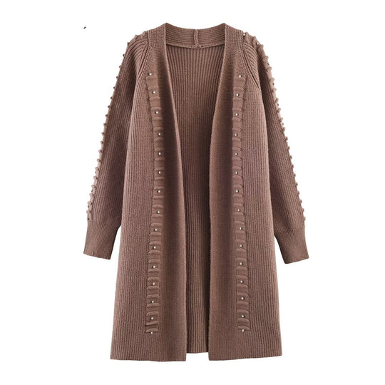 Damen Longline Strickcardigan mit Perlen- und Rüschendetail offene Front Nord Taschen
