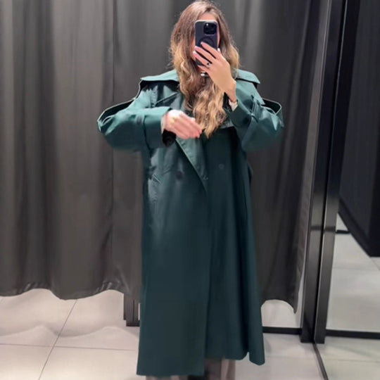 Damen Langer wasserabweisender Trenchcoat mit Taillengürtel und hohem Stehkragen Nord Taschen