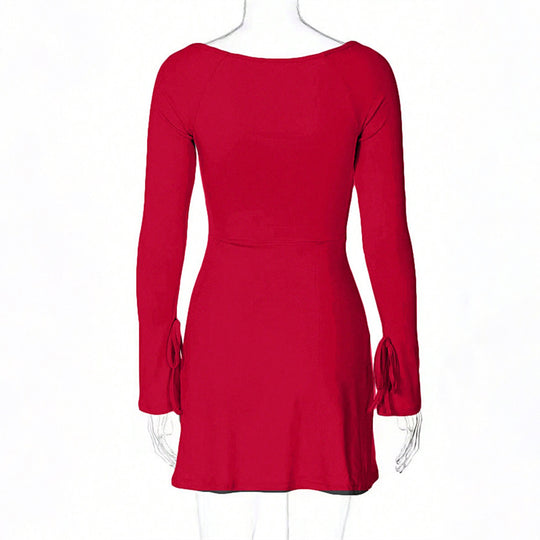 Damen figurbetontes Minikleid mit quadratischem Ausschnitt langen Ärmeln Bindbändern an den Ärmelabschlüssen und seitlichem Schlitz Nord Taschen
