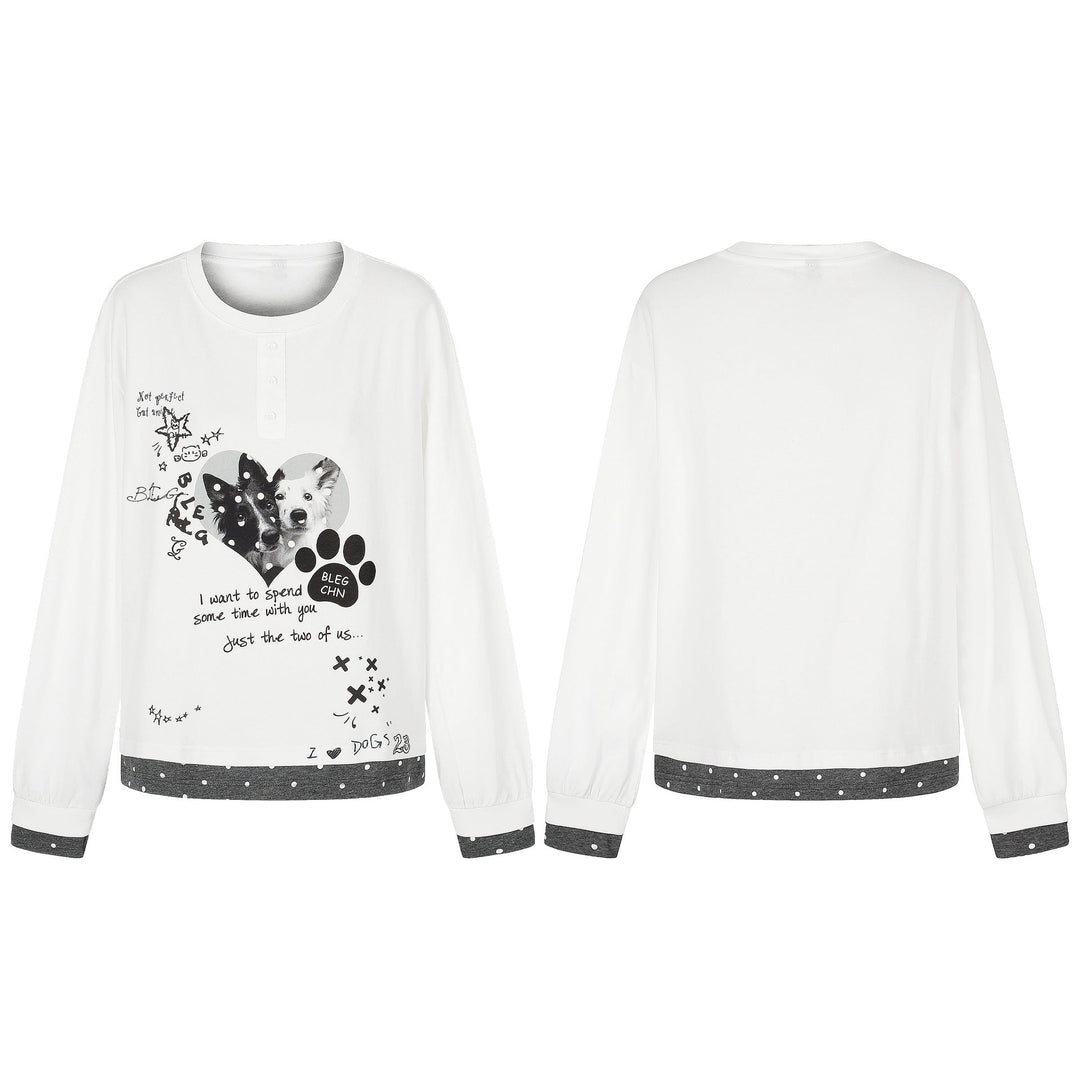 Damen Langarm-Pyjama-Top mit halbnaher Knopfleiste, Herz-Hundeprint und kontrastiertem Bündchen Nord Taschen
