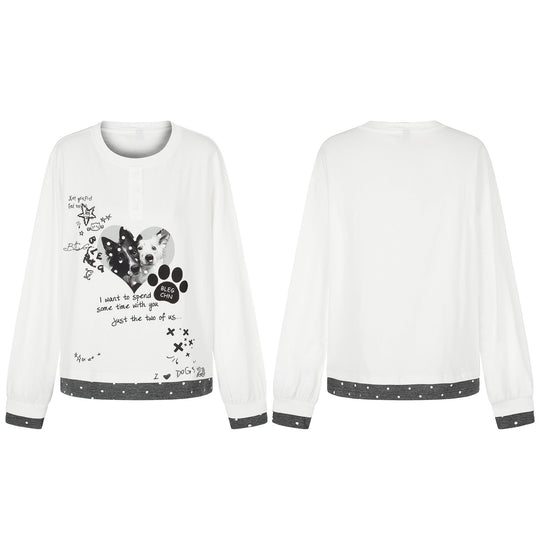 Damen Langarm-Pyjama-Top mit halbnaher Knopfleiste, Herz-Hundeprint und kontrastiertem Bündchen Nord Taschen