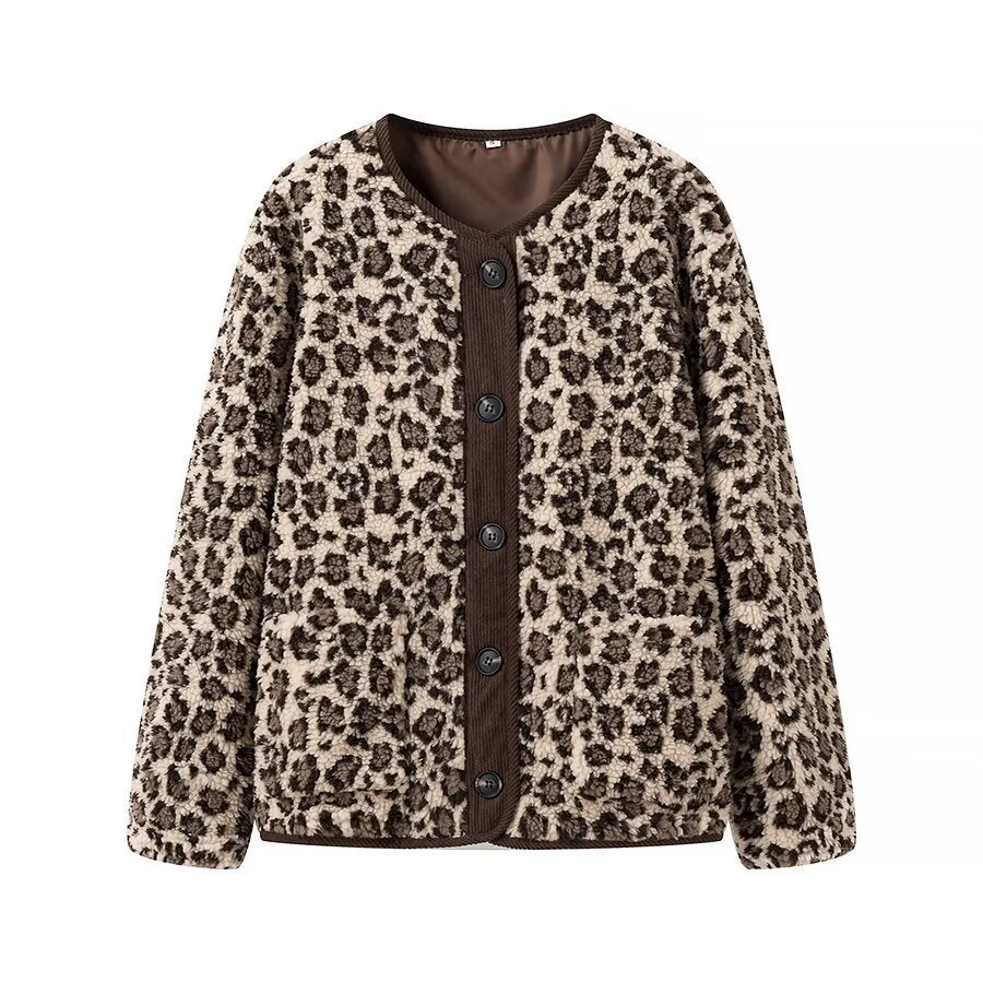 Damen Kurzjacke im Teddy‑Look mit Leopardenmuster und Knopfverschluss Nord Taschen