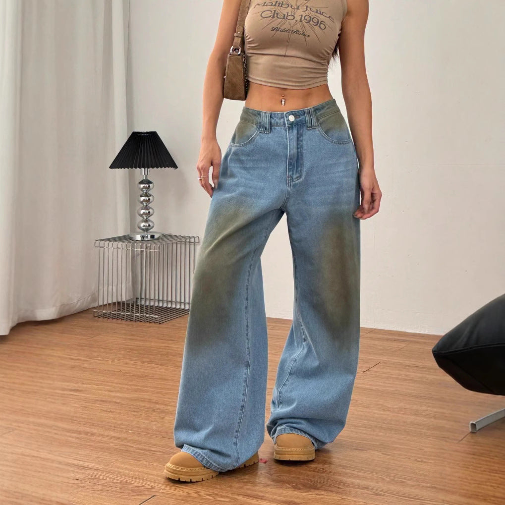 Damen weite High‑Waist-Jeans im Vintage-Wash mit verwaschener Fleckoptik und extra weitem Bein Nord Taschen