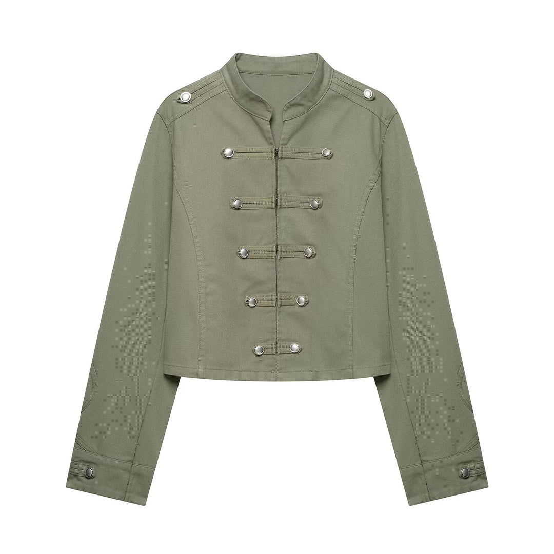 Damen Cropped Offiziersjacke im Military‑Look mit Stehkragen und dekorativen Druckknopfleisten Nord Taschen