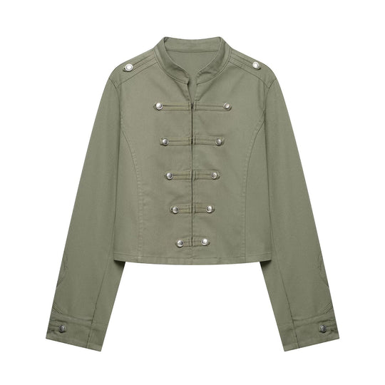 Damen Cropped Offiziersjacke im Military‑Look mit Stehkragen und dekorativen Druckknopfleisten Nord Taschen