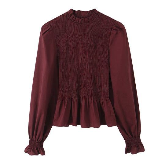 Damen Gestreifte Bluse mit Smok-Front, Stehkragen und Volant-Saum Nord Taschen
