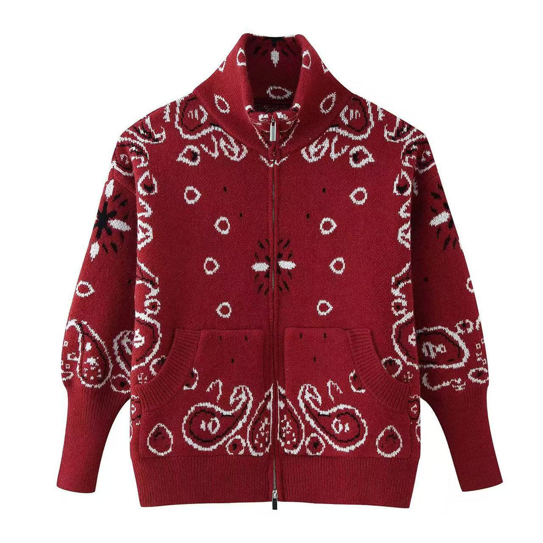 Damen Grobgestrickte Strickjacke mit Reißverschluss, Paisley‑Jacquard und Stehkragen Nord Taschen