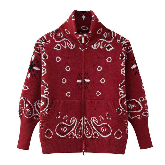 Damen Grobgestrickte Strickjacke mit Reißverschluss, Paisley‑Jacquard und Stehkragen Nord Taschen