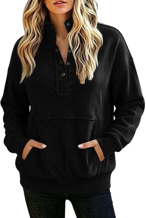 Damen gerippter Henley-Pullover mit Stehkragen und Kängurutasche Nord Taschen
