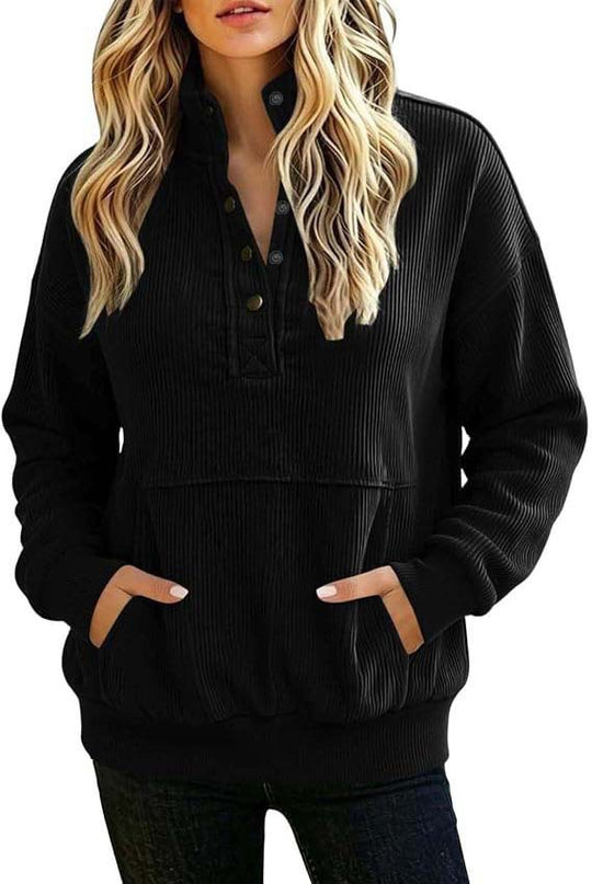 Damen gerippter Henley-Pullover mit Stehkragen und Kängurutasche Nord Taschen