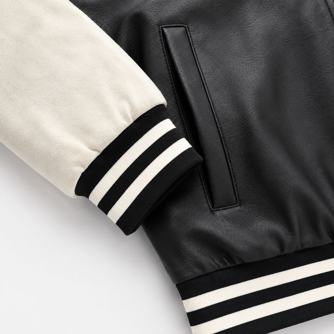 Herren Varsity‑Bomberjacke im College‑Stil mit Lederimitatkörper und kontrastierenden Wildlederärmeln Nord Taschen