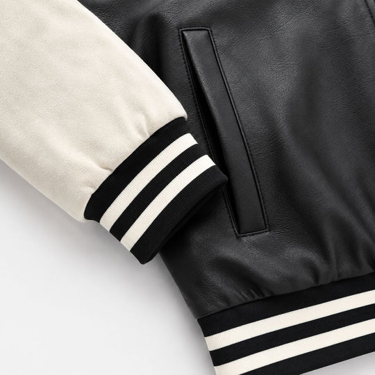 Herren Varsity‑Bomberjacke im College‑Stil mit Lederimitatkörper und kontrastierenden Wildlederärmeln Nord Taschen